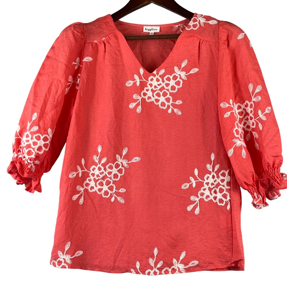 Sapphire Coral Embroidered Floral Blouse PS Pink Puff Sleeve Boho Cottagecore
